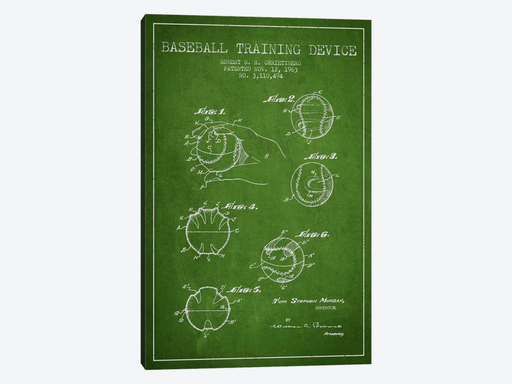 Baseball Device Green Patent Blueprint by Aged Pixel 1-piece Canvas Art