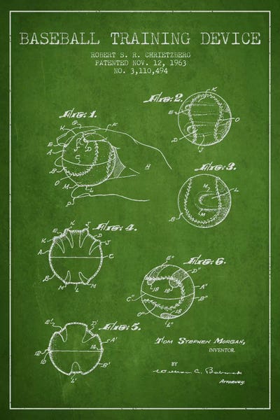 Baseball: Baseball Device Green Patent Blueprint by Aged Pixel