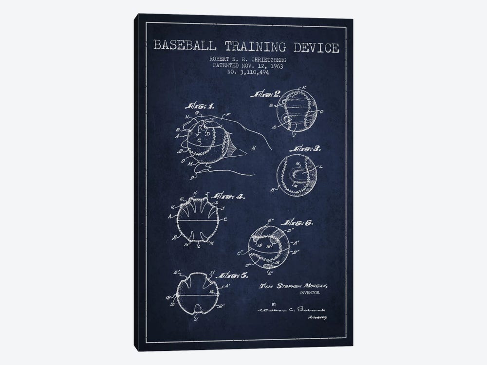 Baseball Device Navy Blue Patent Blueprint by Aged Pixel 1-piece Canvas Art Print