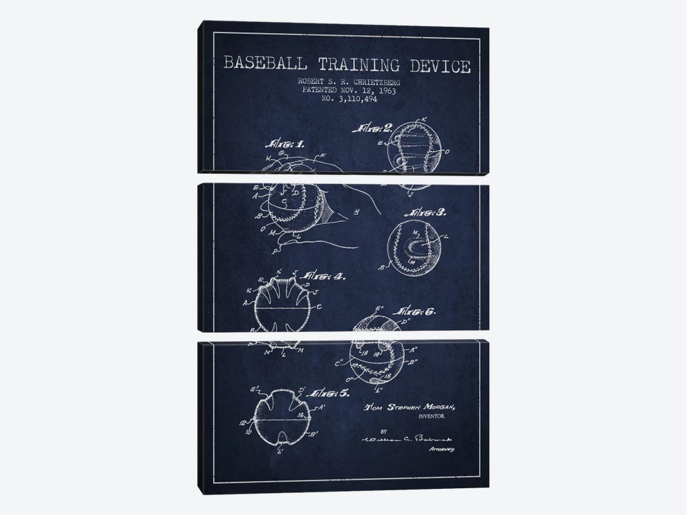 Baseball Device Navy Blue Patent Blueprint by Aged Pixel 3-piece Canvas Art Print