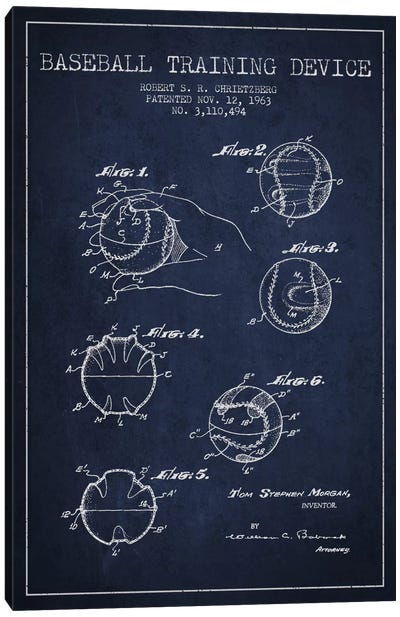 Baseball Device Navy Blue Patent Blueprint Canvas Art Print - Sports Blueprints