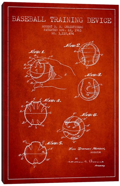 Baseball Device Red Patent Blueprint Canvas Art Print - Baseball Art