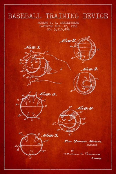 Sports Blueprints: Baseball Device Red Patent Blueprint by Aged Pixel