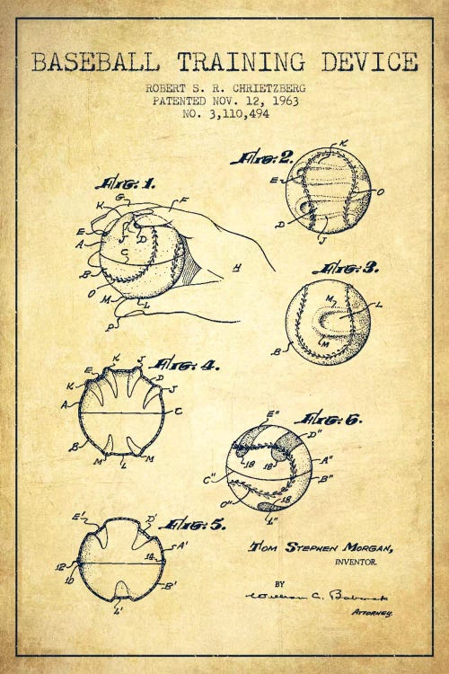 Baseball Device Vintage Patent Blueprint by Aged Pixel wall art