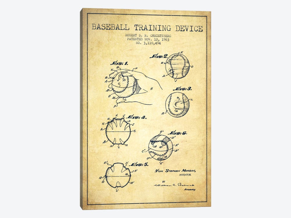 Baseball Device Vintage Patent Blueprint by Aged Pixel 1-piece Canvas Print