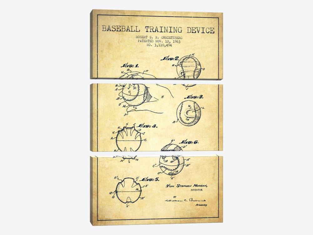 Baseball Device Vintage Patent Blueprint by Aged Pixel 3-piece Canvas Print