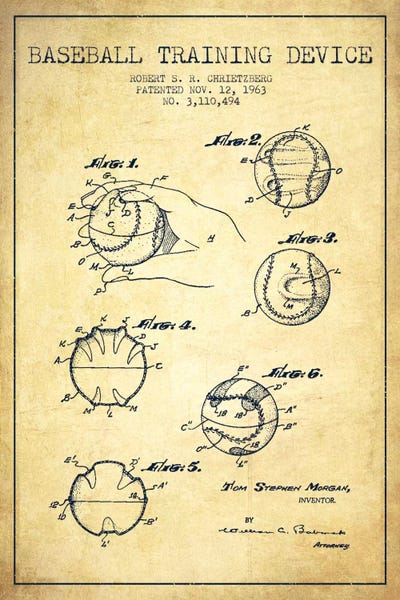 Baseball: Baseball Device Vintage Patent Blueprint by Aged Pixel