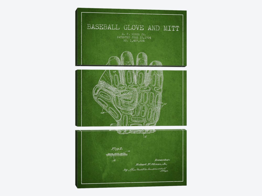 Baseball Glove Green Patent Blueprint by Aged Pixel 3-piece Canvas Print