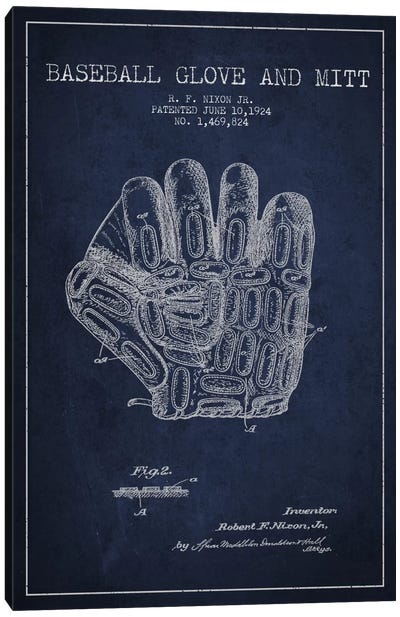 Baseball Glove Navy Blue Patent Blueprint Canvas Art Print - Aged Pixel: Sports