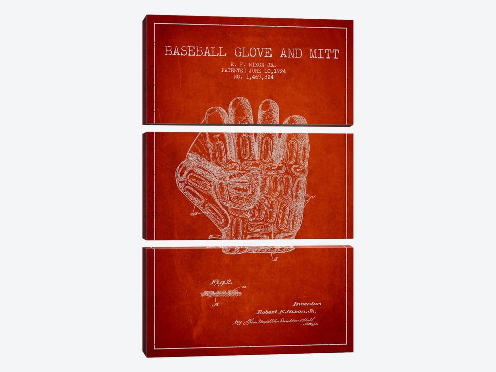 Baseball Glove Red Patent Blueprint by Aged Pixel 3-piece Canvas Print
