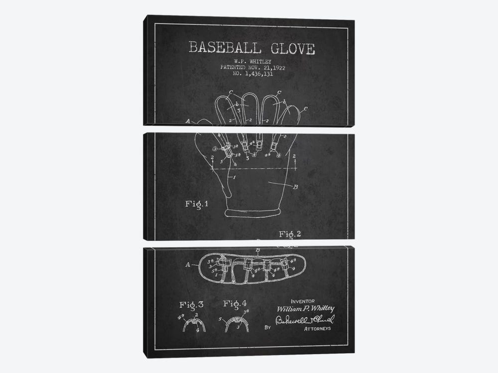 Baseball Glove Charcoal Patent Blueprint by Aged Pixel 3-piece Canvas Wall Art