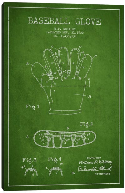 Baseball Glove Green Patent Blueprint Canvas Art Print