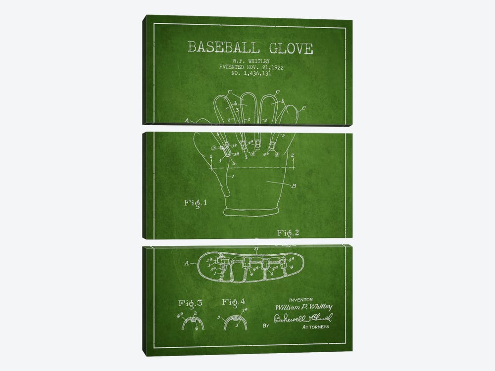 Baseball Glove Green Patent Blueprint by Aged Pixel 3-piece Art Print