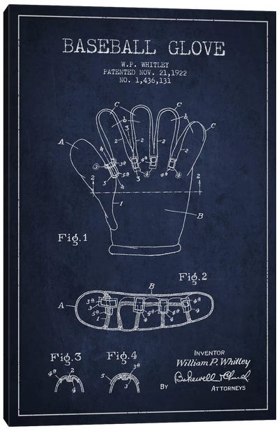 Baseball Glove Navy Blue Patent Blueprint Canvas Art Print - Aged Pixel: Sports