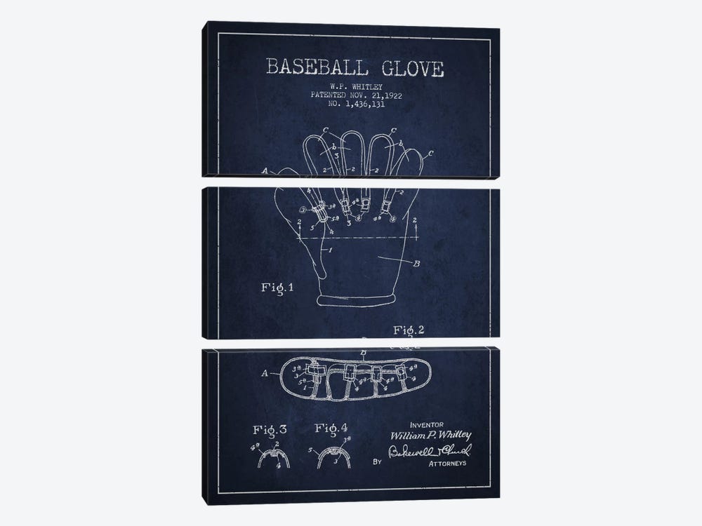 Baseball Glove Navy Blue Patent Blueprint by Aged Pixel 3-piece Canvas Artwork