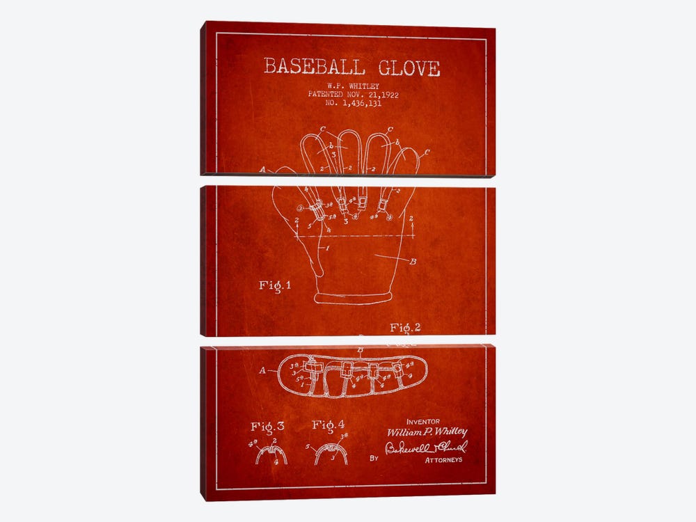 Baseball Glove Red Patent Blueprint by Aged Pixel 3-piece Canvas Print