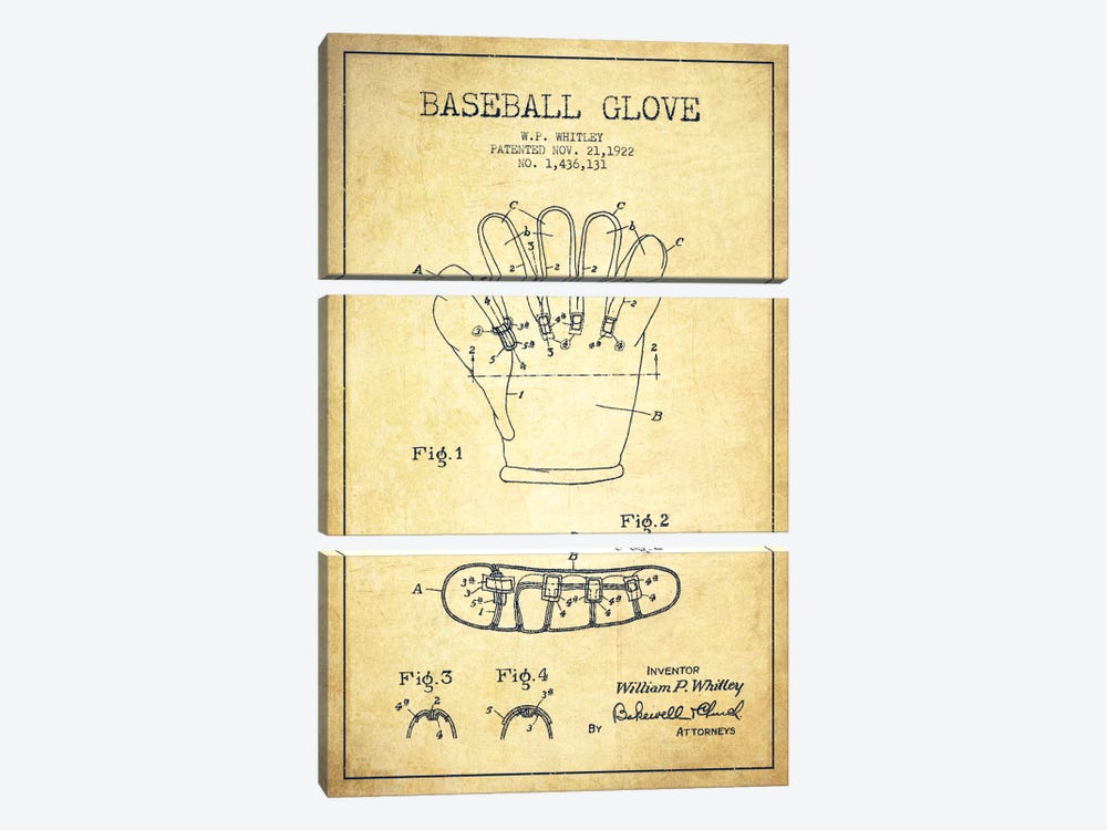 Baseball Glove Vintage Patent Blueprint by Aged Pixel 3-piece Canvas Art