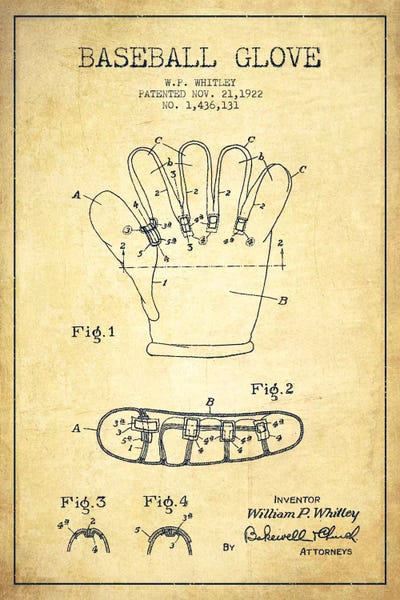 Sports Blueprints: Baseball Glove Vintage Patent II Blueprint by Aged Pixel