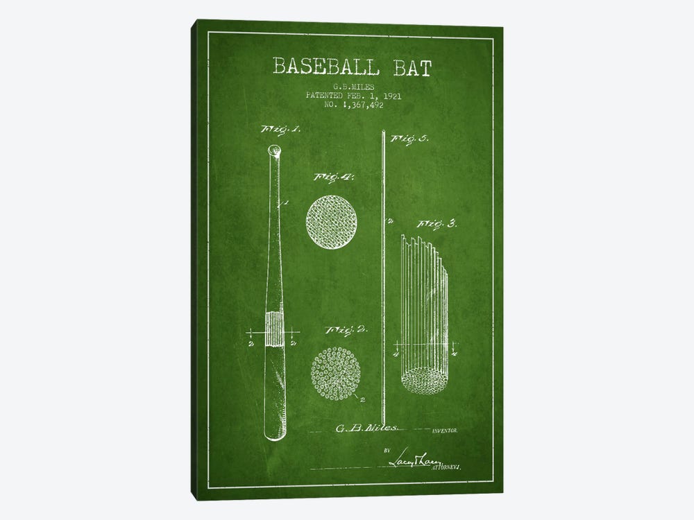 Baseball Bat Green Patent Blueprint by Aged Pixel 1-piece Canvas Artwork