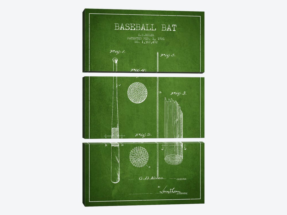 Baseball Bat Green Patent Blueprint by Aged Pixel 3-piece Canvas Wall Art