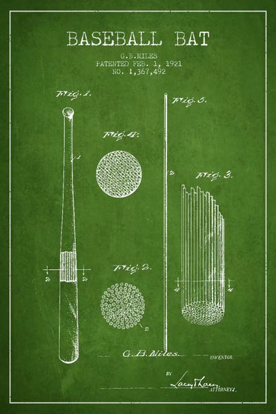 Sports Blueprints: Baseball Bat Green Patent VI Blueprint by Aged Pixel