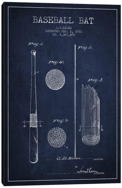 Baseball Bat Navy Blue Patent Blueprint Canvas Art Print - Baseball Art