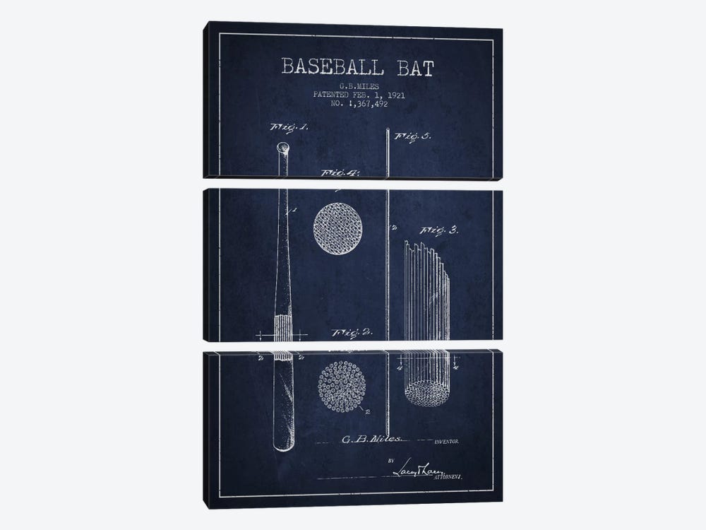 Baseball Bat Navy Blue Patent Blueprint by Aged Pixel 3-piece Canvas Print