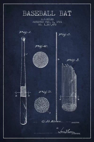 Baseball: Baseball Bat Navy Blue Patent VI Blueprint by Aged Pixel