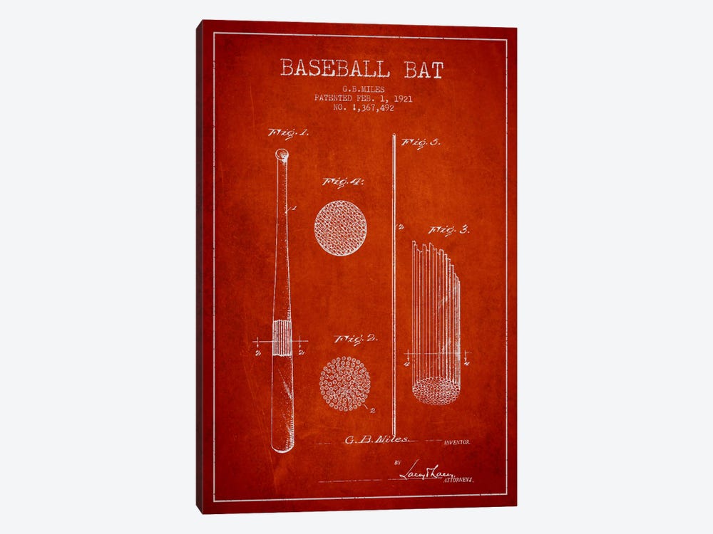 Baseball Bat Red Patent Blueprint by Aged Pixel 1-piece Canvas Art