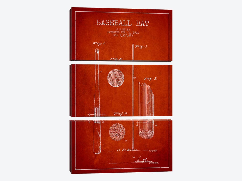 Baseball Bat Red Patent Blueprint by Aged Pixel 3-piece Canvas Wall Art