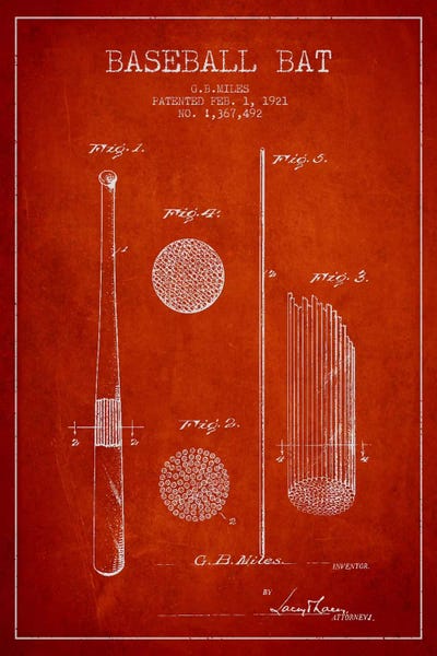 Sports Blueprints: Baseball Bat Red Patent V Blueprint by Aged Pixel