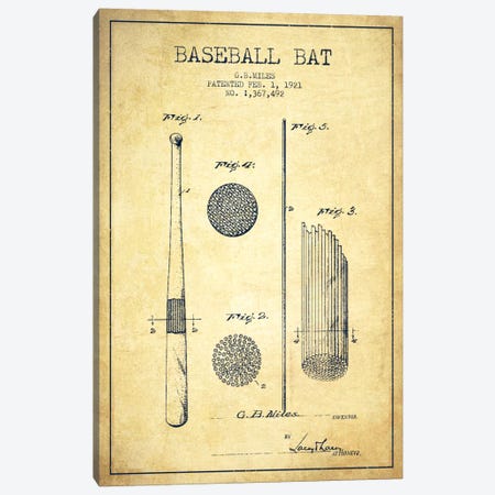 Baseball Bat Vintage Patent Blueprint Canvas Print #ADP2069} by Aged Pixel Canvas Wall Art