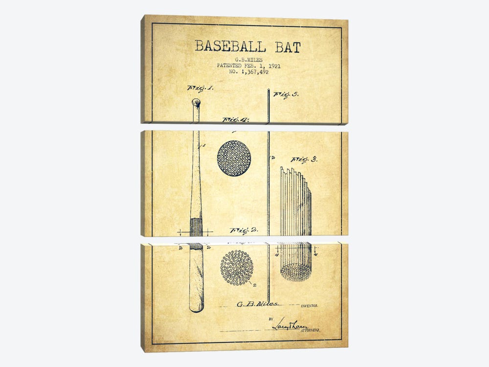 Baseball Bat Vintage Patent Blueprint by Aged Pixel 3-piece Canvas Art Print