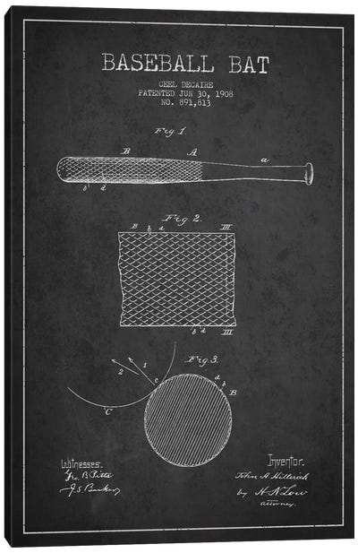 Baseball Bat Charcoal Patent Blueprint Canvas Art Print - Baseball Art