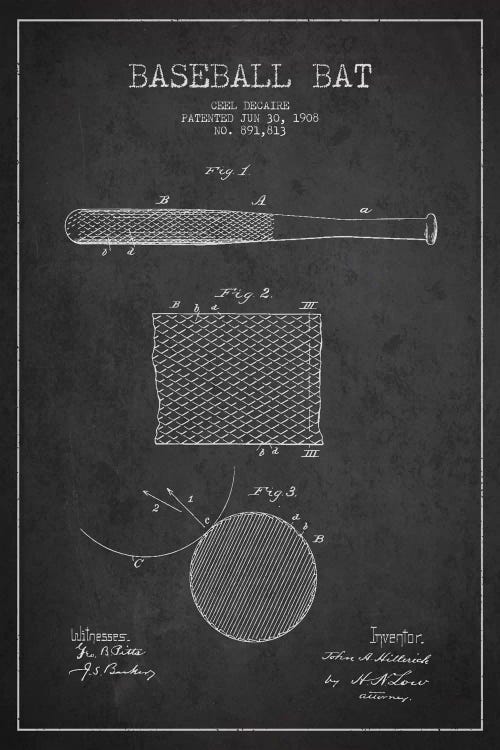 Baseball Bat Charcoal Patent Blueprint