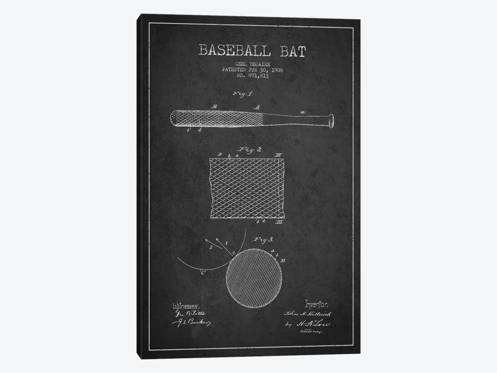 Baseball Bat Charcoal Patent Blueprint by Aged Pixel 1-piece Canvas Art Print