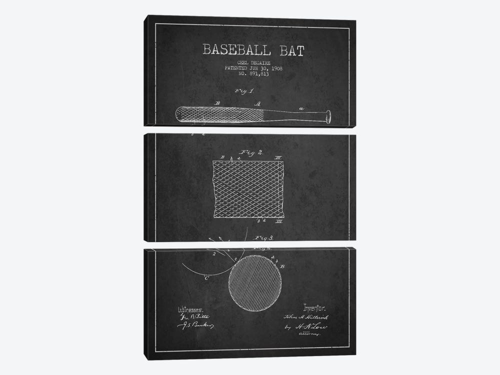 Baseball Bat Charcoal Patent Blueprint by Aged Pixel 3-piece Art Print