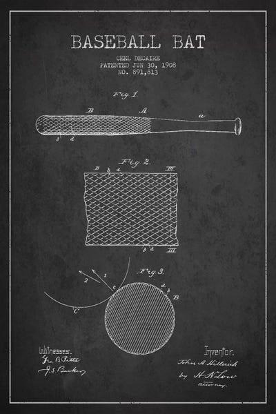Baseball: Baseball Bat Charcoal Patent VII Blueprint by Aged Pixel