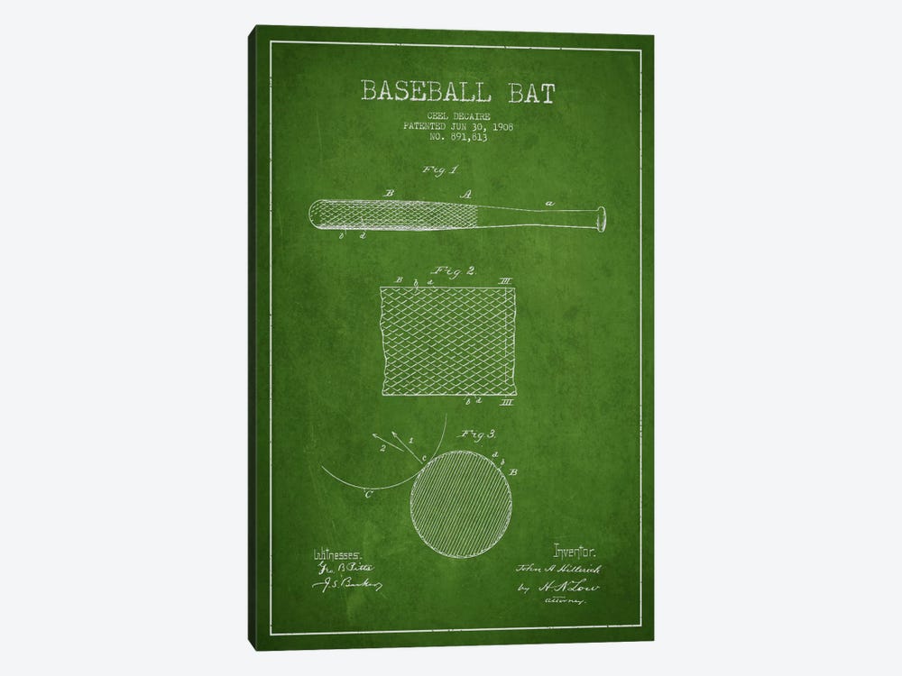 Baseball Bat Green Patent Blueprint by Aged Pixel 1-piece Canvas Artwork