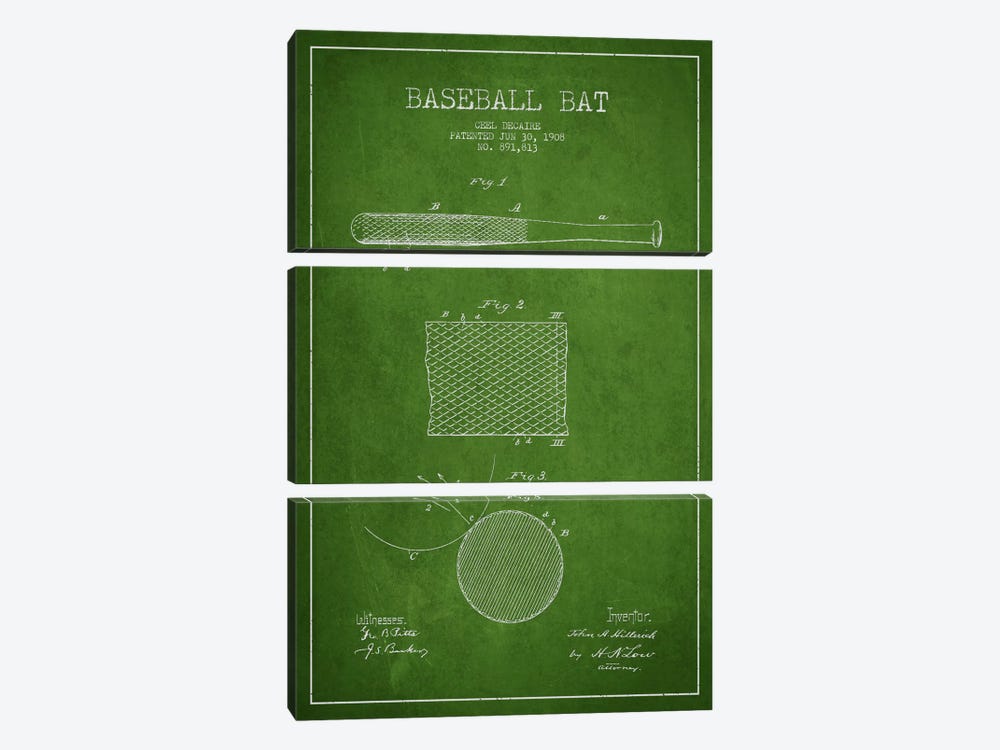 Baseball Bat Green Patent Blueprint by Aged Pixel 3-piece Canvas Artwork