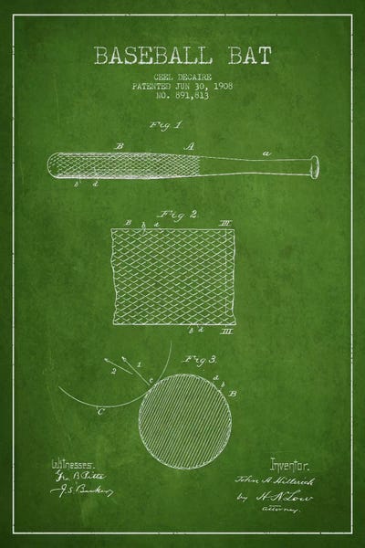 Baseball: Baseball Bat Green Patent VII Blueprint by Aged Pixel