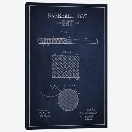 Baseball Bat Navy Blue Patent Blueprint Canvas Print #ADP2072} by Aged Pixel Canvas Print