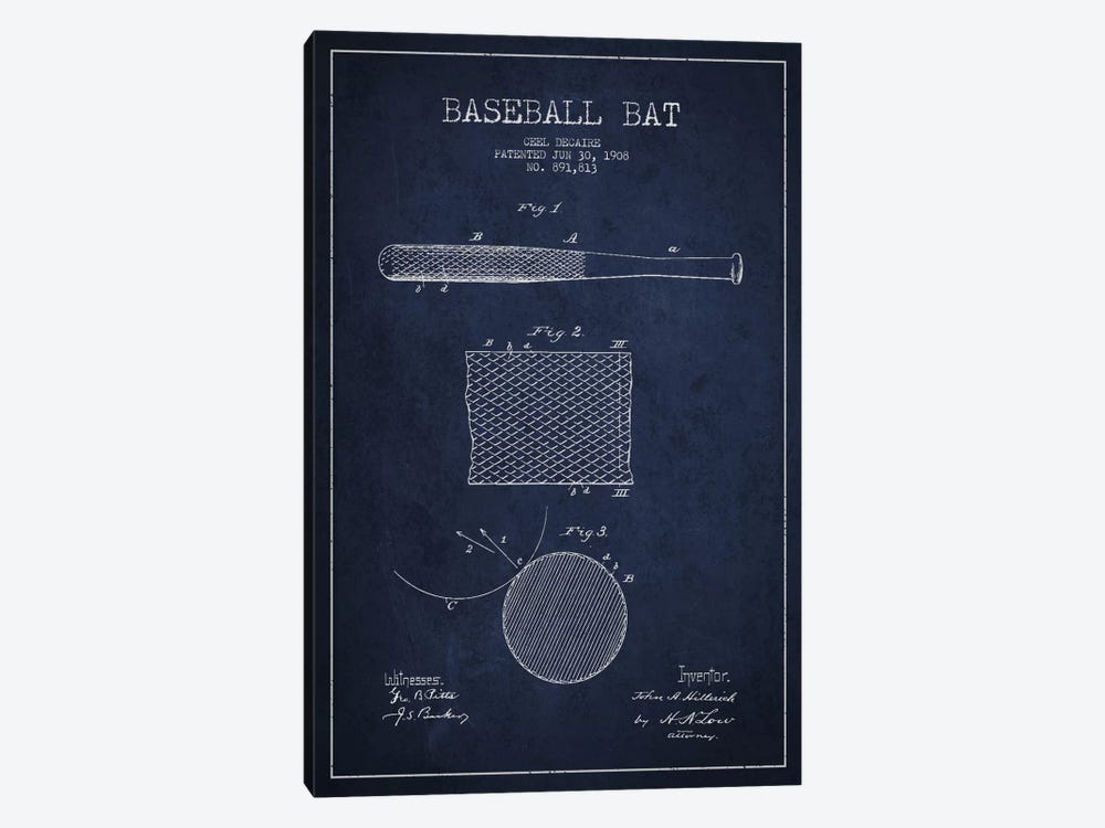 Baseball Bat Navy Blue Patent Blueprint by Aged Pixel 1-piece Canvas Art Print