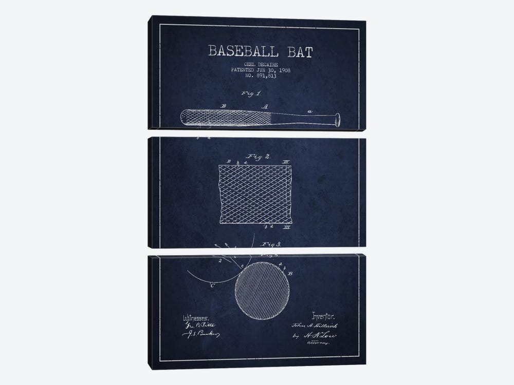 Baseball Bat Navy Blue Patent Blueprint by Aged Pixel 3-piece Art Print