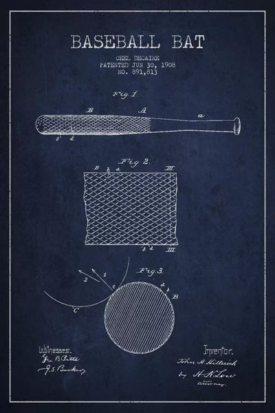 Baseball: Baseball Bat Navy Blue Patent VII Blueprint by Aged Pixel
