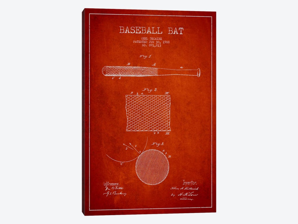 Baseball Bat Red Patent Blueprint by Aged Pixel 1-piece Canvas Art