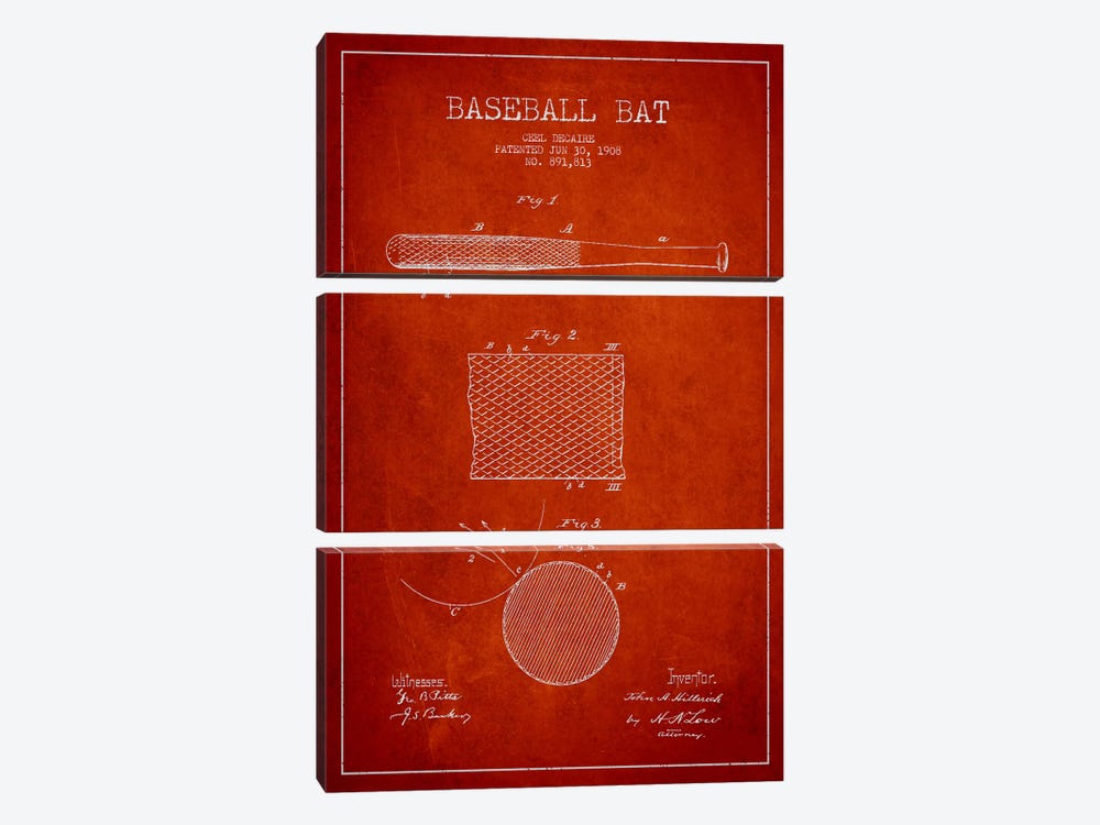 Baseball Bat Red Patent Blueprint by Aged Pixel 3-piece Canvas Wall Art