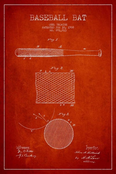 Sports Blueprints: Baseball Bat Red Patent VI Blueprint by Aged Pixel