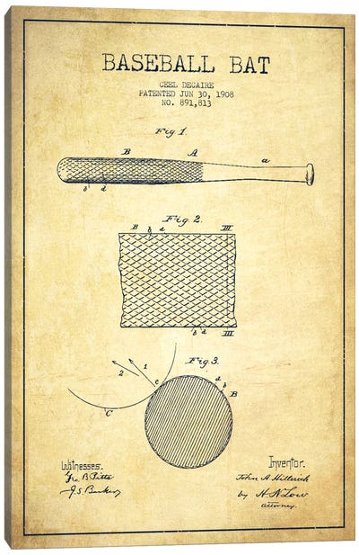 Baseball Bat Vintage Patent Blueprint Canvas Art Print - Baseball Art