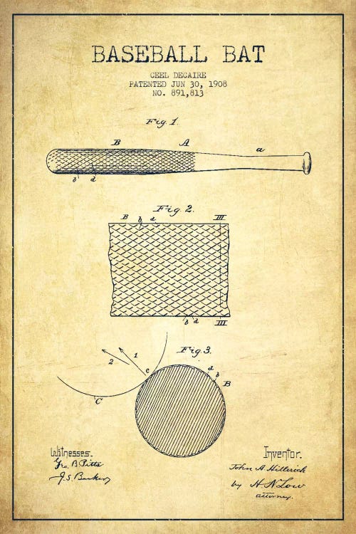 Baseball Bat Vintage Patent Blueprint